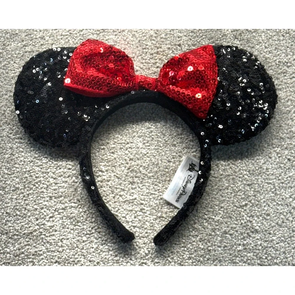 Disney Parks Minnie Mouse Sequin Ears Headband Red Bow Black Sparkle Accessory